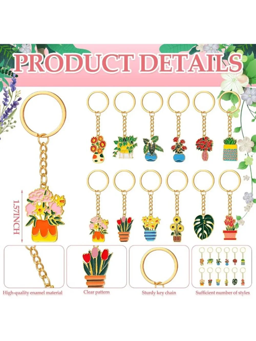 24 Pcs Cute Flower Plant Keychains - Enamel Alloy Spring Gifts for Plant Lovers